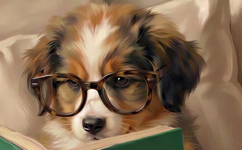 Close-up detail from Dog Reading Wall Art, a cropped fragment of the printable artwork showing the painted texture, soft light and colour up close.