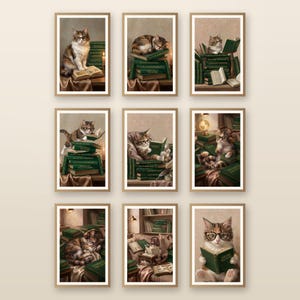 Nine framed cat reading illustrations arranged in a grid on a warm neutral wall, each a calico cat in glasses with stacks of dark green library books.