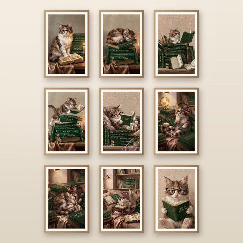 Nine framed cat reading illustrations arranged in a grid on a warm neutral wall, each a calico cat in glasses with stacks of dark green library books.