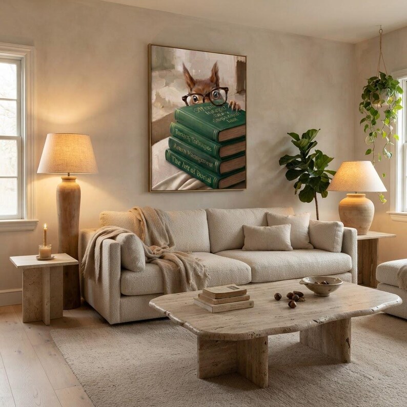 Squirrel peeking over books wall art framed on a warm plaster wall in a calm light-filled living room with a cream linen sofa