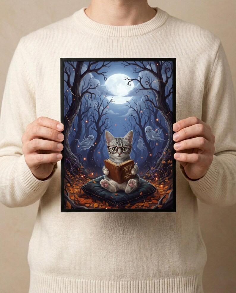 The kitten and ghosts ghost reading print held in both hands by a person in a cream sweater, showing its scale