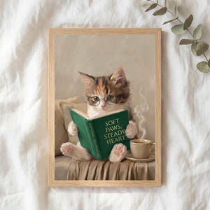 The kitten reading print in a thin natural oak frame lying on white linen with a sprig of eucalyptus