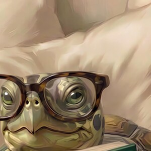 Close-up detail from Turtle Reading Wall Art, a cropped fragment of the printable artwork showing the painted texture, soft light and colour up close.