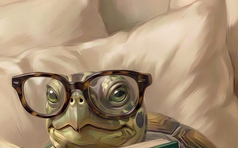 Close-up detail from Turtle Reading Wall Art, a cropped fragment of the printable artwork showing the painted texture, soft light and colour up close.