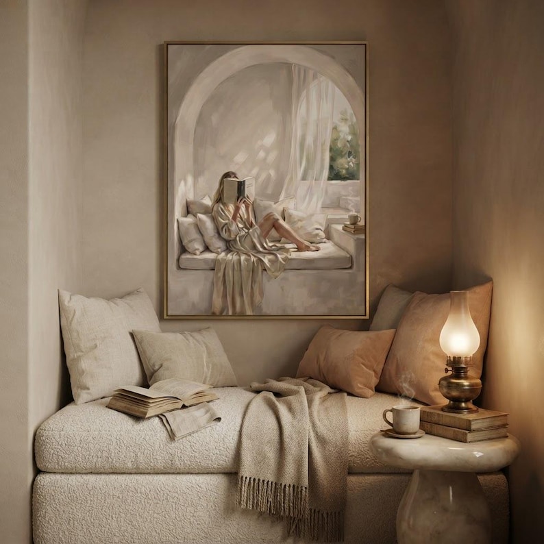 Blonde Woman in a Reading Nook printable wall art, framed in gold on a warm plaster wall above a boucle daybed, with a brass oil lamp, a folded throw and a stack of books on a stone side table.