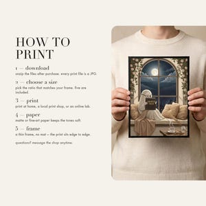 How to print card: download and unzip, choose the ratio that fits your frame, print at home or at a print shop, and framing and paper tips.