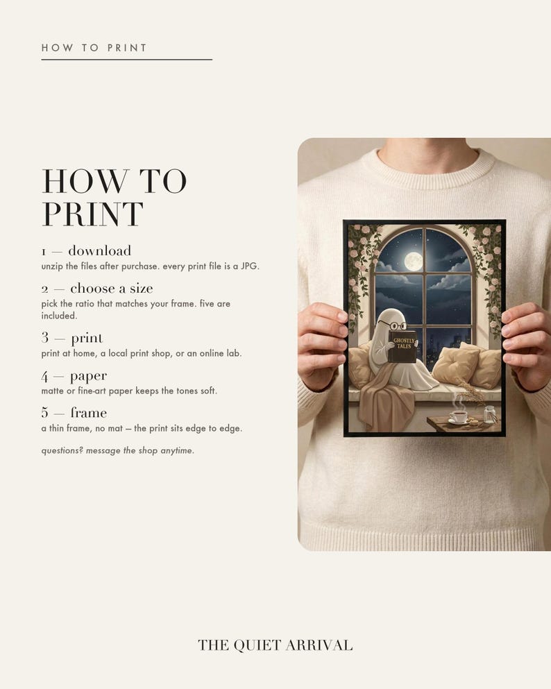 How to print card: download and unzip, choose the ratio that fits your frame, print at home or at a print shop, and framing and paper tips.