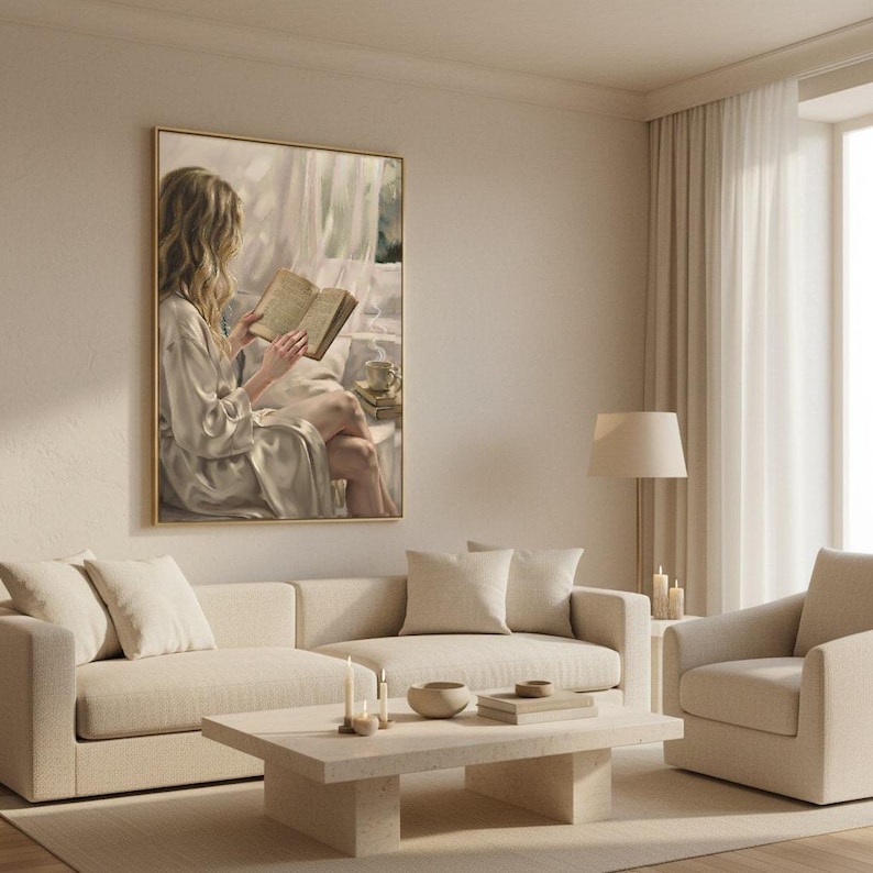 Woman reading wall art in a gold frame above a cream sofa in a calm, light-filled living room with a travertine coffee table