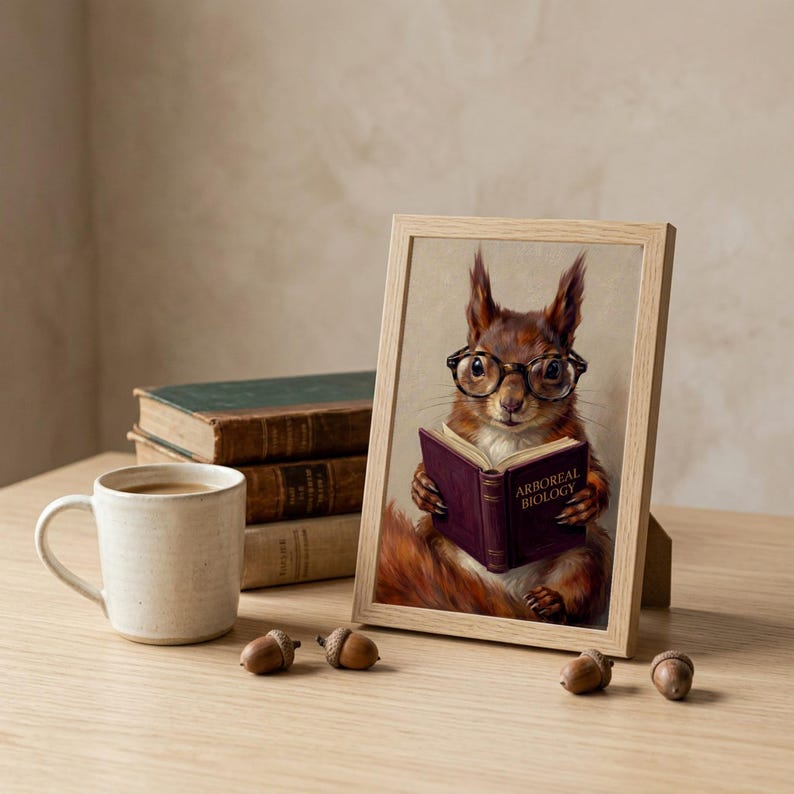Small oak framed squirrel reading print standing on a desk next to a coffee mug, stacked antique books and scattered acorns