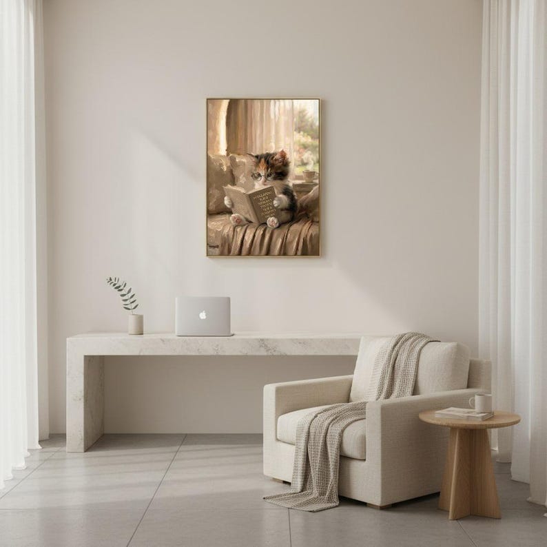 Kitten in glasses reading print framed above a restrained workspace with pale walls, a white desk and a natural linen chair