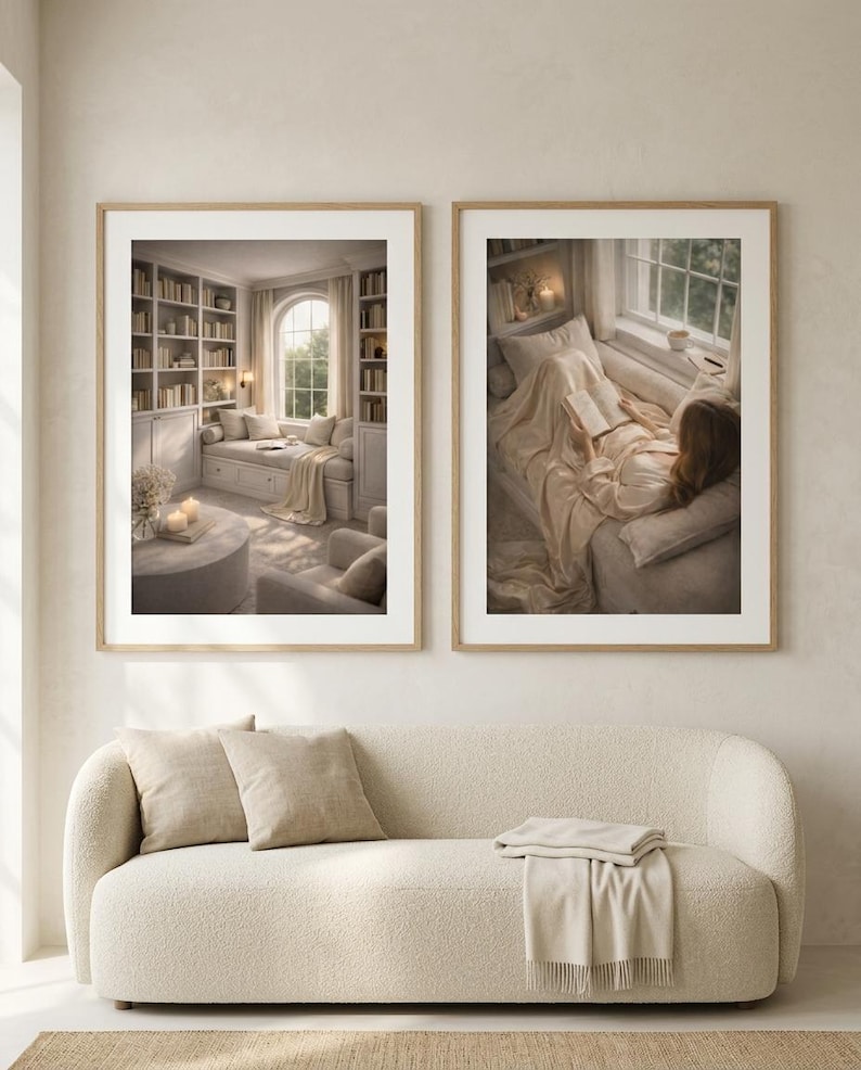 A pair of neutral wall art prints in light oak frames with wide white mats, hung above a cream boucle sofa with linen cushions and a jute rug. Minimalist wall art of a library nook and a quiet reader.