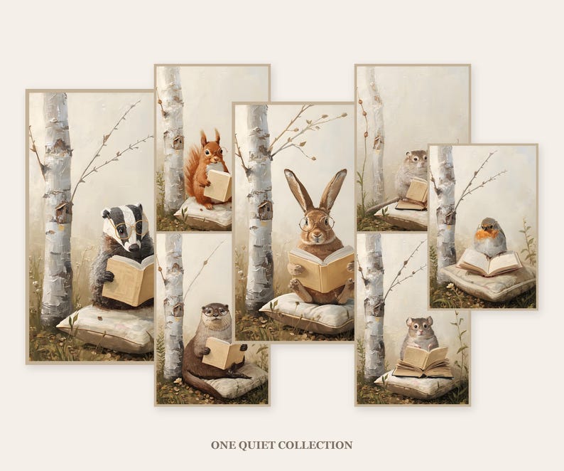 Seven framed woodland nursery prints arranged on a cream wall - badger, red squirrel, otter, hare and other animals reading books