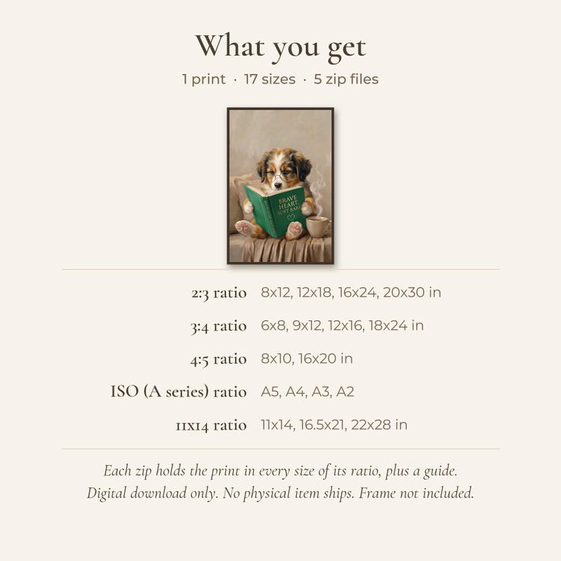 What you get card: 1 print, 17 sizes, 5 zip files, with the size list for the 2:3, 3:4, 4:5, ISO and 11x14 ratios