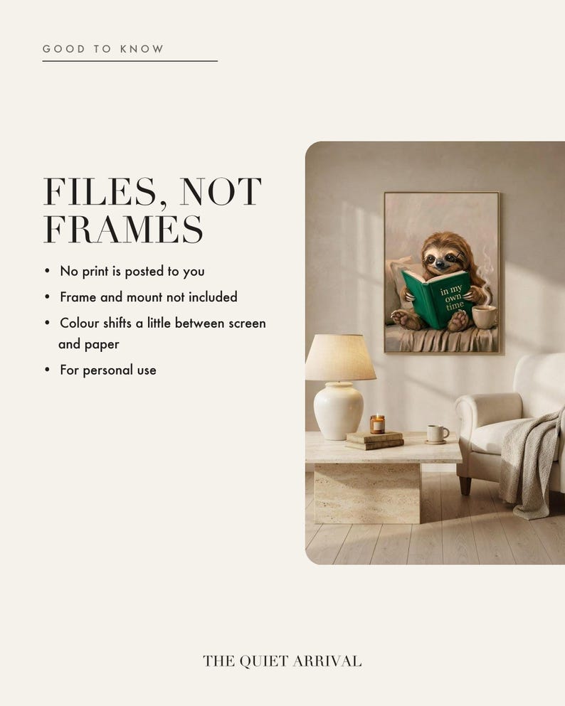 Digital download only. No physical sloth reading print is posted, and the frame and mount shown in the mockups are not included