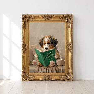 Lámina de cachorro leyendo, regalo para amantes de los perros, arte de pared para rincón de lectura acogedor, descarga digital