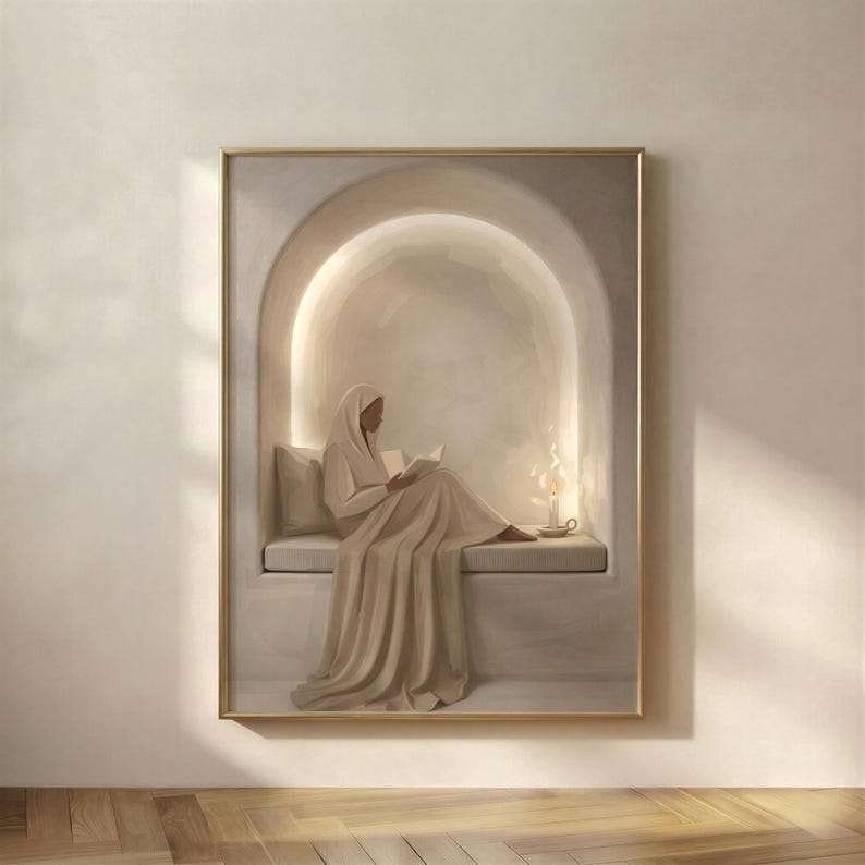 May include: A framed wall art print depicting a figure draped in beige fabric sitting within a glowing arched alcove. The figure holds an open book, while a small lit candle sits on a ledge nearby. The color palette consists of soft cream, beige, and warm white tones throughout the composition.