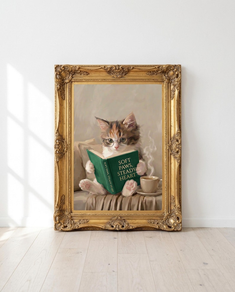 Printable kitten reading print in an ornate antique gold frame leaning against a white wall on a pale oak floor in morning sunlight