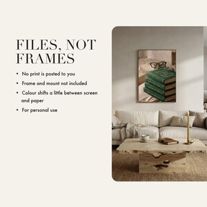 Detail insert card showing the Patience Is a Virtue print framed on a warm plaster wall