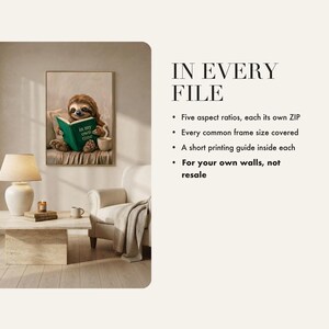 What is included in the instant download of the sloth reading print: five aspect ratios, each supplied as its own zip with a short printing guide inside