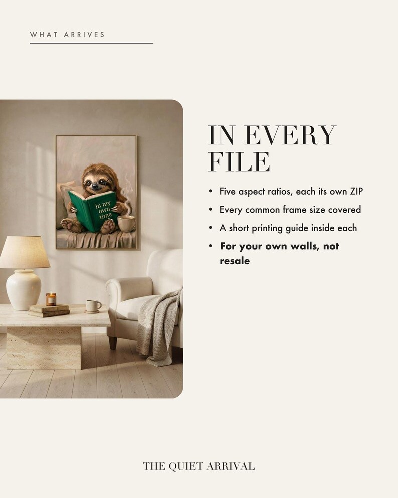 What is included in the instant download of the sloth reading print: five aspect ratios, each supplied as its own zip with a short printing guide inside