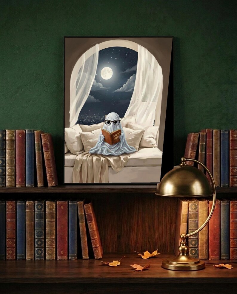 The moonlit bed ghost reading print framed and leaning on a dark wood library shelf against a deep green wall
