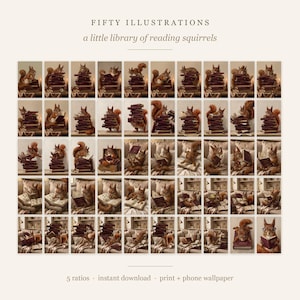 Contact sheet showing all fifty squirrel reading illustrations as small thumbnails on a cream background