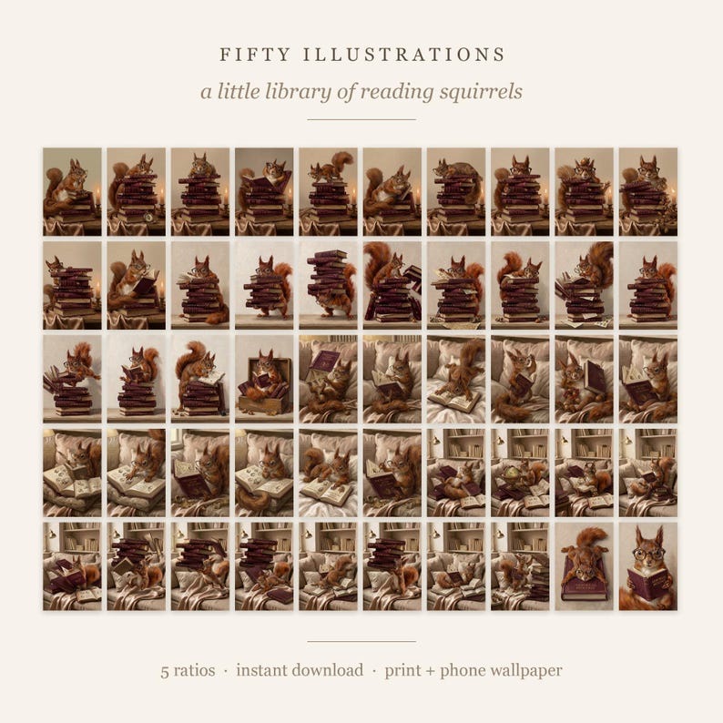 Contact sheet showing all fifty squirrel reading illustrations as small thumbnails on a cream background