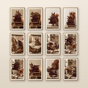 Twelve squirrel reading art prints in oak frames arranged in a four by three gallery wall
