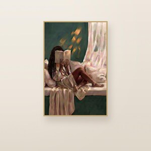 Black woman with long braids reading on an emerald green window seat. Gold-framed emerald green printable wall art shown straight on against a plain wall.