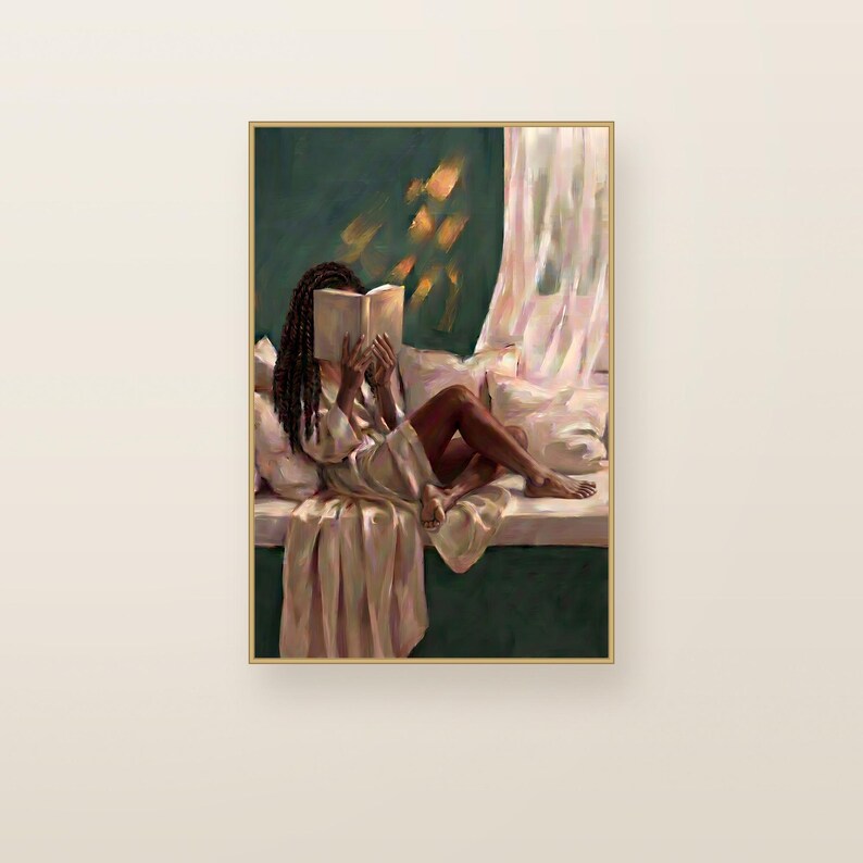 Black woman with long braids reading on an emerald green window seat. Gold-framed emerald green printable wall art shown straight on against a plain wall.