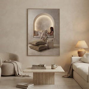 The built for rest print framed as the focal point of a calm neutral interior. neutral printable wall art, minimalist home decor, Japandi style, calm living room and bedroom decor, slow living digital download.