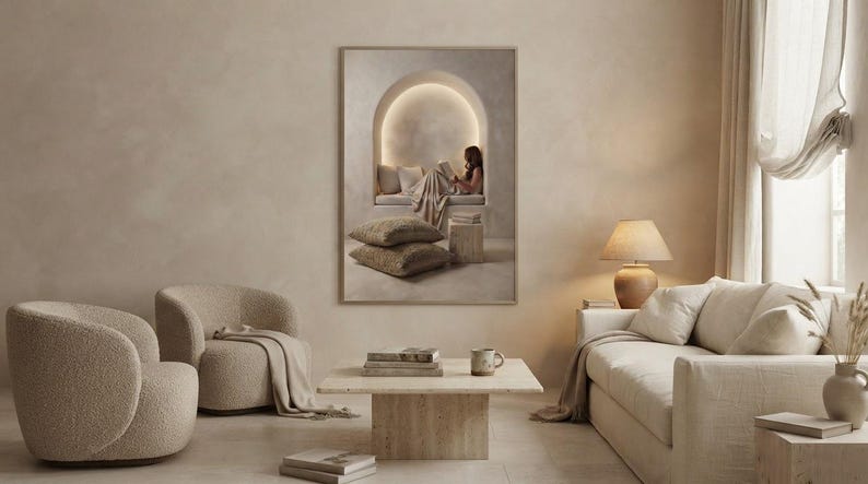The built for rest print framed as the focal point of a calm neutral interior. neutral printable wall art, minimalist home decor, Japandi style, calm living room and bedroom decor, slow living digital download.