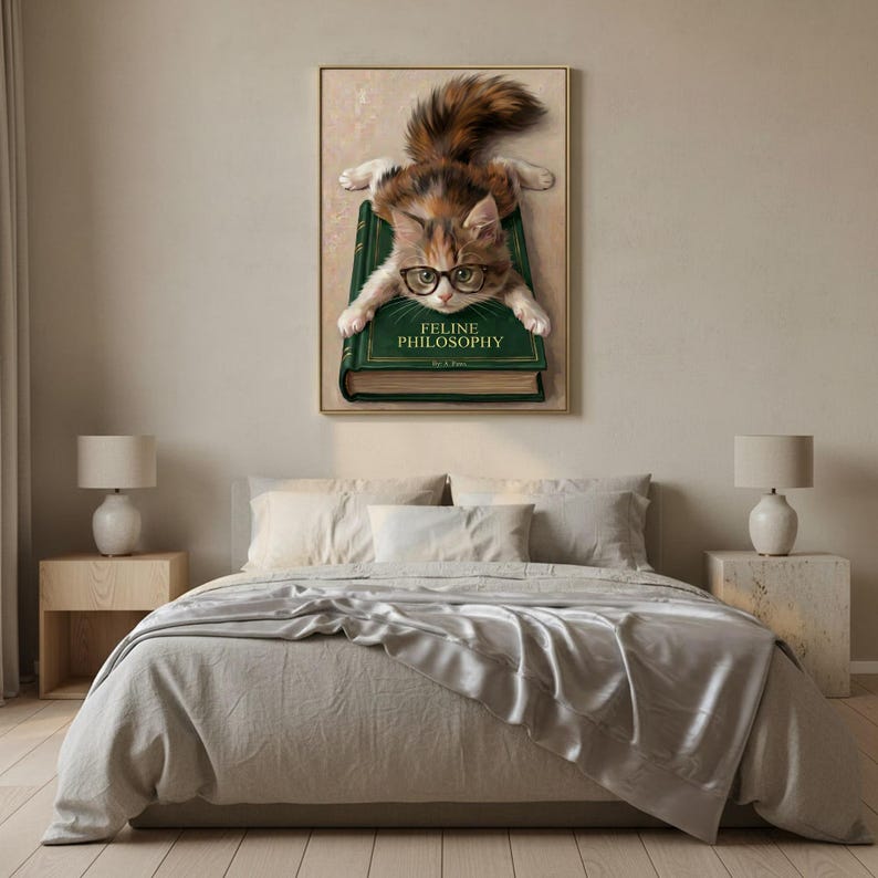 Calico kitten wall art framed on a textured plaster bedroom wall above linen bedding in soft morning light