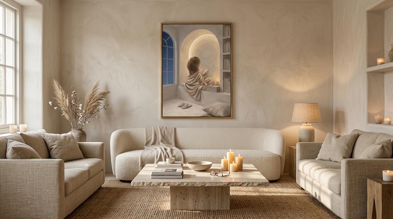 Wide living room view showing the woman reading nook wall art centered above a low sofa, gold frame, no mat.