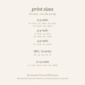Size chart for the blonde woman reading in an emerald green arched nook print: five ratios (2:3, 3:4, 4:5, ISO and 11x14) with print sizes from 8x12 up to 24x36 inches.