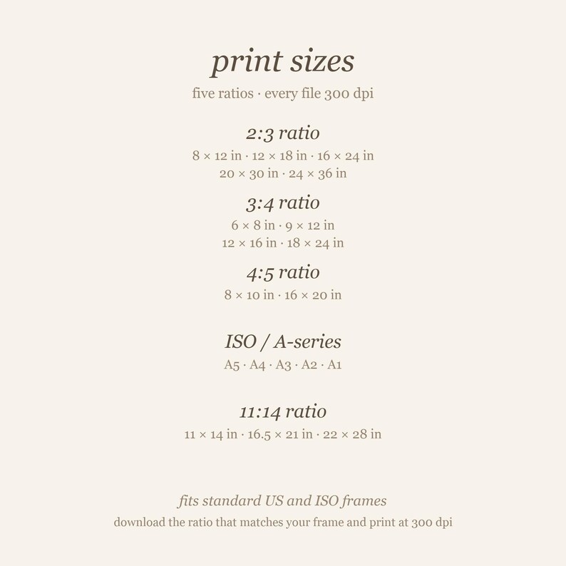 Size chart for the blonde woman reading in an emerald green arched nook print: five ratios (2:3, 3:4, 4:5, ISO and 11x14) with print sizes from 8x12 up to 24x36 inches.
