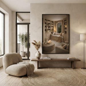 Reading nook wall art printable in beige living room with boucle chair and bench, neutral japandi library print mockup