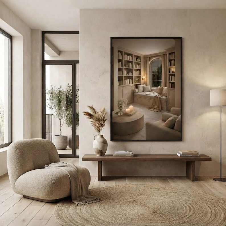 Reading nook wall art printable in beige living room with boucle chair and bench, neutral japandi library print mockup