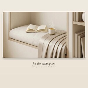 Desktop monitor mockup with a soft neutral wallpaper in a minimalist home office.