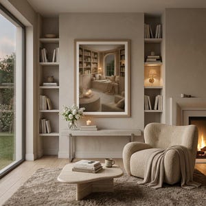 Reading nook wall art printable above stone fireplace between built-in bookshelves, neutral japandi living room decor