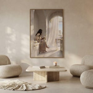 The soft hours print framed as the focal point of a calm neutral interior. neutral printable wall art, minimalist home decor, Japandi style, calm living room and bedroom decor, slow living digital download.
