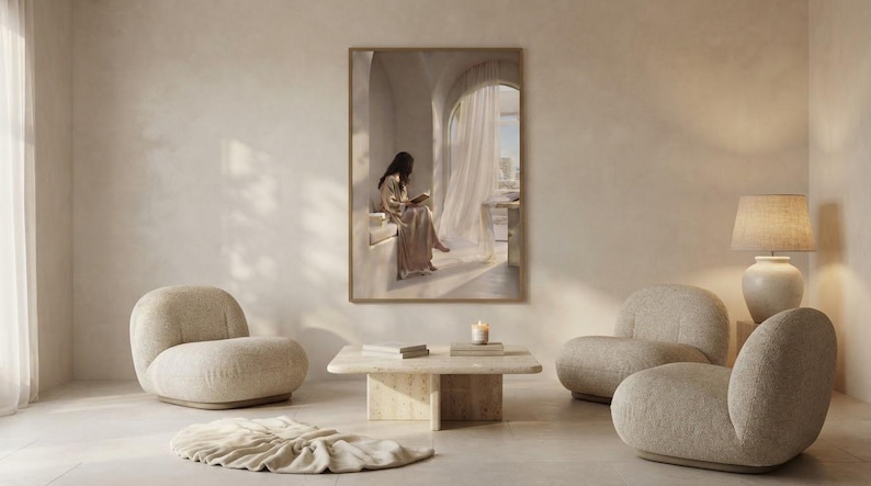 The soft hours print framed as the focal point of a calm neutral interior. neutral printable wall art, minimalist home decor, Japandi style, calm living room and bedroom decor, slow living digital download.