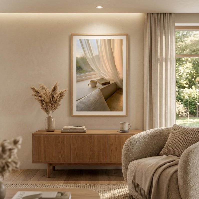 Window seat wall art print mockup in modern living room, book and coffee on ledge with sheer curtains, Japandi wooden furniture and natural textures, slow living interior decor, neutral beige Scandinavian home style, digital printable wall art