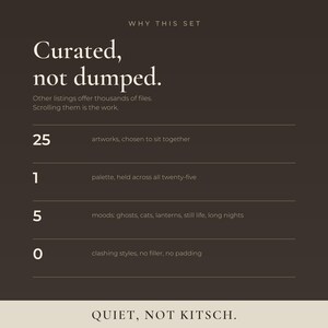 Why this set: 25 artworks chosen to sit together, one palette across all of them, 5 moods and no clashing styles, quiet rather than kitsch