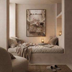 The quiet night in print framed as the focal point of a calm neutral interior. neutral printable wall art, minimalist home decor, Japandi style, calm living room and bedroom decor, slow living digital download.