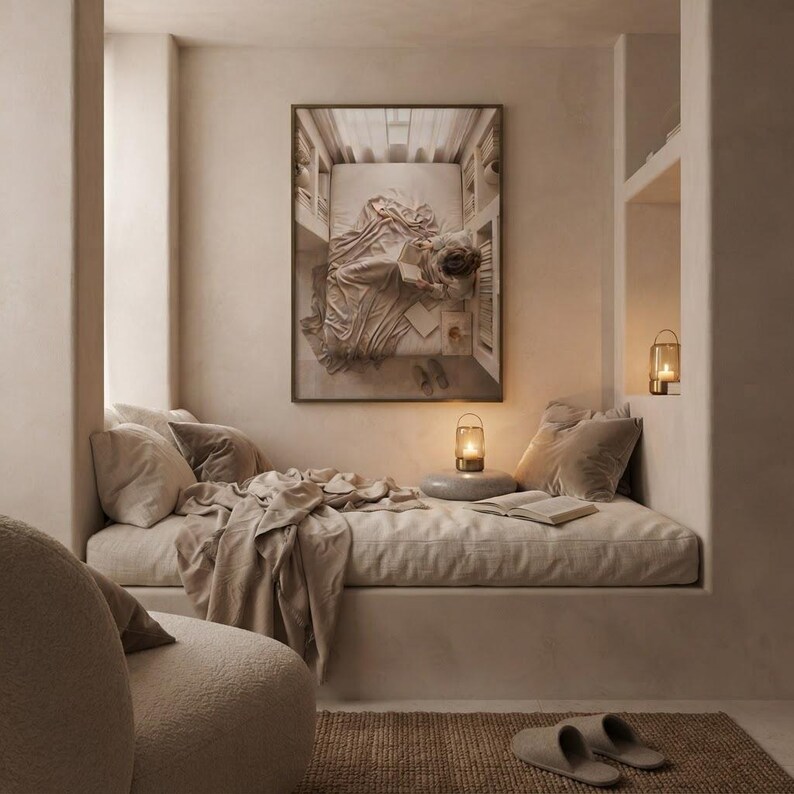 The quiet night in print framed as the focal point of a calm neutral interior. neutral printable wall art, minimalist home decor, Japandi style, calm living room and bedroom decor, slow living digital download.