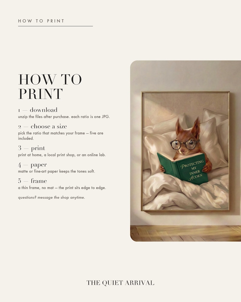 Five step guide to downloading, choosing a size, printing and framing this digital art print