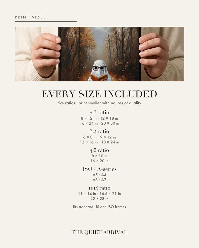 Size chart card listing every print size included for each aspect ratio in this download.