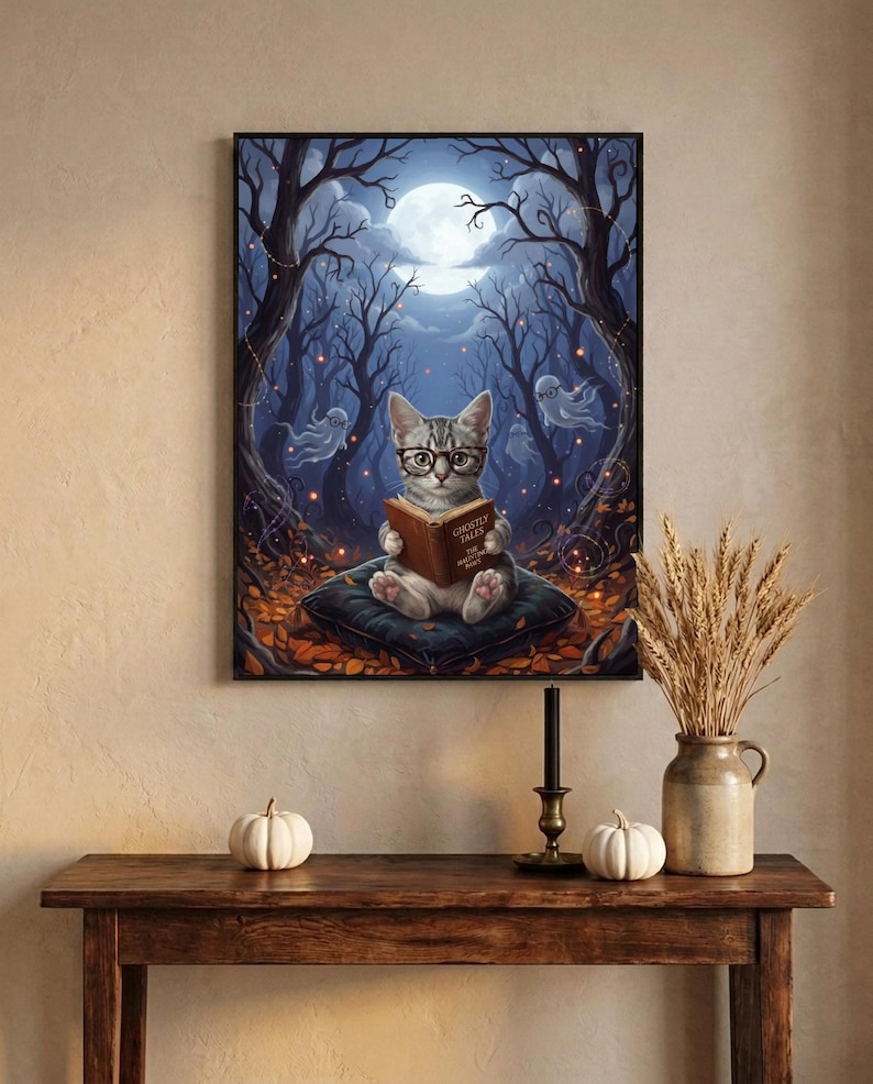 The kitten and ghosts ghost reading print framed above an entryway console styled for autumn with white pumpkins and dried wheat