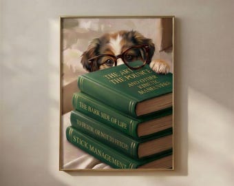Hond die over boeken heen gluurt | Grappige muurdecoratie met boekenthema | Printbare digitale download voor een leeshoekje